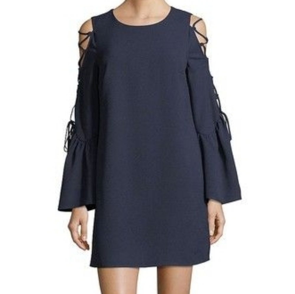WAYF Womens Navy Blue Shift Dress Long Lace Up Bell Sleeves Size Large L
